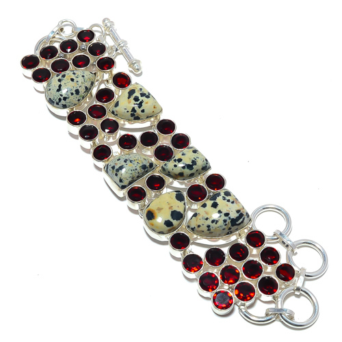 Dalmation Jasper & Garnet 925 Sterling Silver Bracelet 