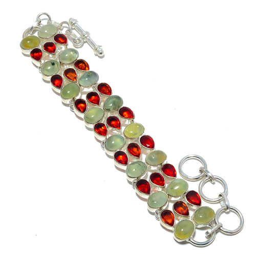 Prehnite & Garnet 925 Sterling Silver Ethnic Bracelet 