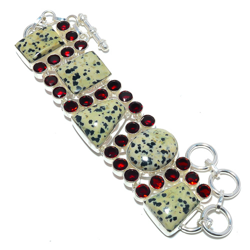 Dalmation Jasper & Garnet 925 Sterling Silver Bracelet 
