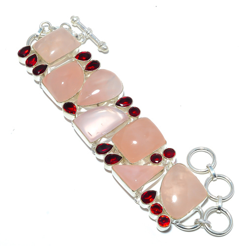 Rose Quartz & Garnet 925 Sterling Silver Bracelet 