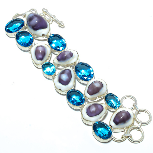 Cowrie Shell & Blue Topaz 925 Sterling Silver Ethnic Bracelet 