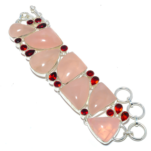 Rose Quartz & Garnet 925 Sterling Silver Bracelet 