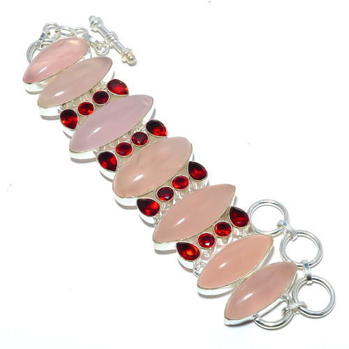 Rose Quartz & Garnet 925 Sterling Silver Bracelet 