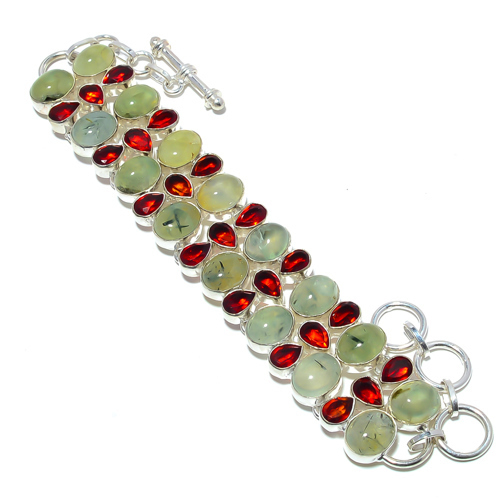 Prehnite & Garnet 925 Sterling Silver Ethnic Bracelet 
