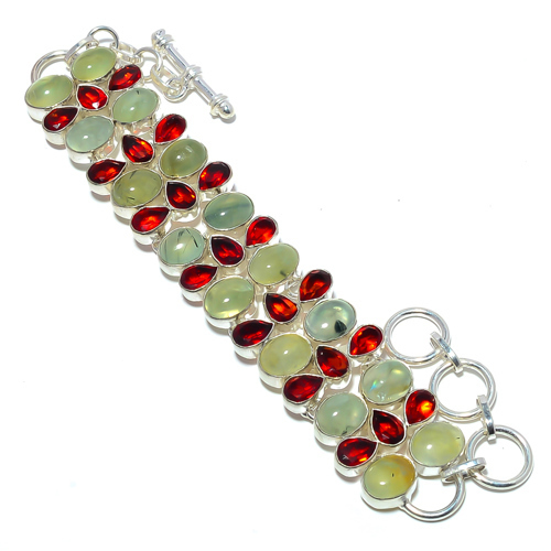 Prehnite & Garnet 925 Sterling Silver Ethnic Bracelet 