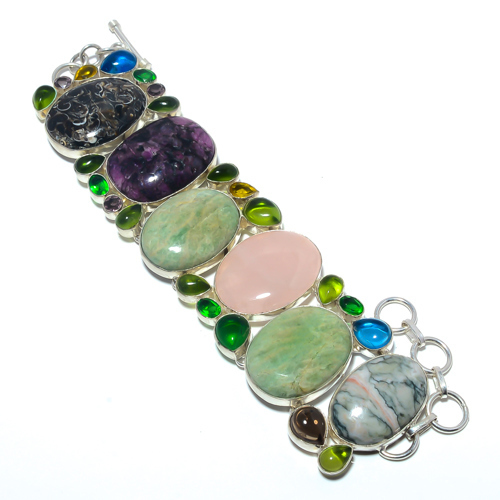 Multi Gemstone 925 Sterling Silver Ethnic Bracelet 