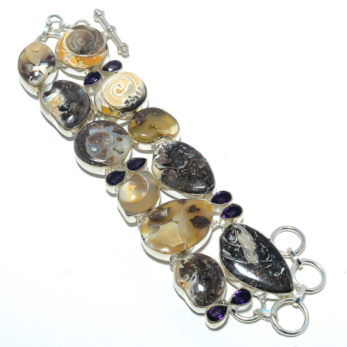Colus Fossil & Amethyst- 925 Sterling Silver Ethnic Bracelet 