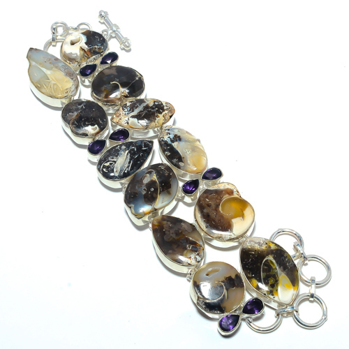 Colus Fossil & Amethyst- 925 Sterling Silver Ethnic Bracelet 