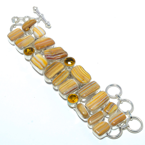 Yellow Banded Agate & Citrine 925 Sterling Silver Ethnic Bracelet 
