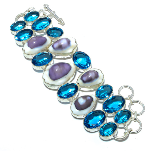 Cowrie Shell & Blue Topaz 925 Sterling Silver Ethnic Bracelet 
