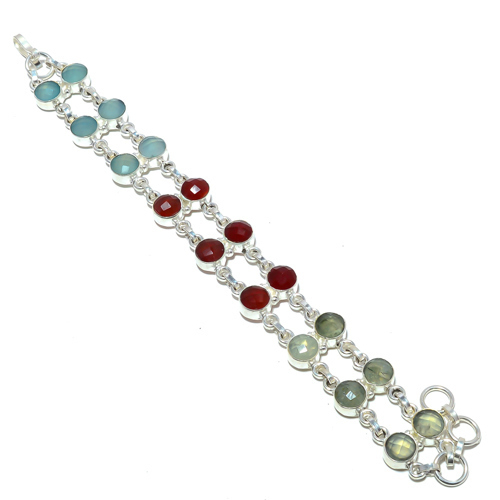 Ruby & Chalcedony (Simulated) 925 Sterling Silver Tennis Bracelet 