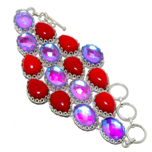 Red Coral & Mystic Topaz 925 Sterling Silver Bracelet 