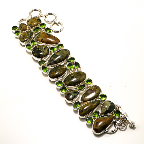 Rainforest Jasper & Peridot 925 Sterling Silver Bracelet 