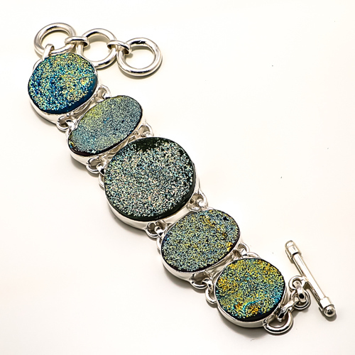 Rainbow Titanium Drusy Handmade 925 Sterling Silver Bracelet 
