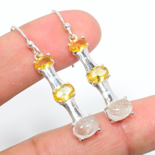 Golden Rutilated Quartz & Citrine 925 Sterling Silver Earring Jewelry, Handmade Earring, Gift for her, Silver Handmade Jewelry Earring, Elegant Earring, Oval Gemstone Silver Earring