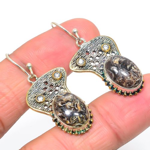 Turritella Fossil & White Topaz Two Tone 925 Silver Earring, Gift for her, Silver Jewelry Earring, Elegant Earring, Brown Gemstone Earring, Drop/Dangle Earring