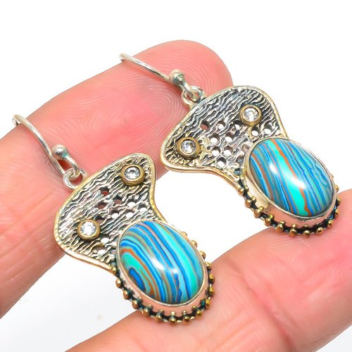 Rainbow Calsilica & Topaz Two Tone 925 Silver Earring, Gift for her, Silver Jewelry Earring, Elegant Earring, Blue Gemstone Earring, Drop/Dangle Earring