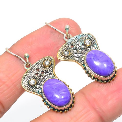 Charoite & Topaz Two Tone 925 Sterling Silver Earring, Gift for her, Silver Jewelry Earring, Elegant Earring, Purple Gemstone Earring, Drop/Dangle Earring