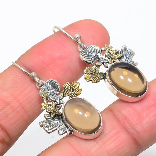Smokey Quartz Two Tone Gemstone 925 Sterling Silver Earring, Gift for her, Silver Jewelry Earring, Elegant Earring, Brown Gemstone Earring, Drop/Dangle Earring