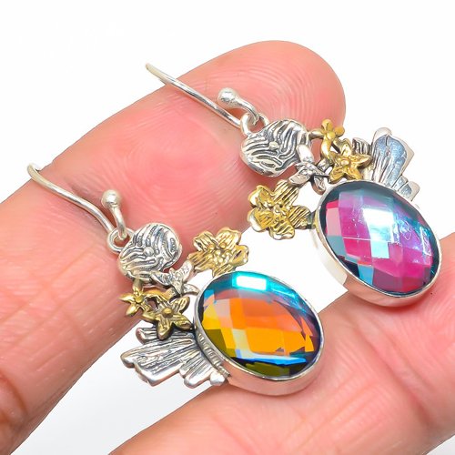 Black Mystic Topaz Two Tone 925 Sterling Silver Earring, Gift for her, Silver Jewelry Earring, Elegant Earring, Black Gemstone Earring, Drop/Dangle Earring