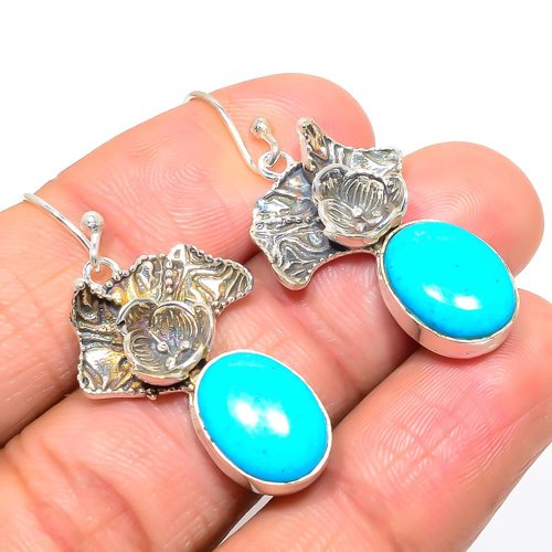 Magnesite Turquoise Designer Textured 925 Silver Jewelry Earring, Gift for her, Silver Jewelry Earring, Elegant Earring, Blue Gemstone Earring, Drop/Dangle Earring