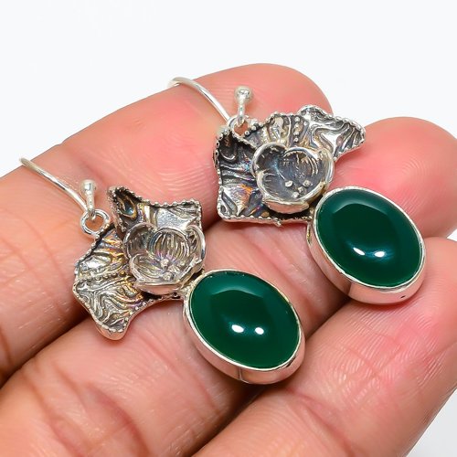 Green Onyx Designer Textured Solid Gemstone 925 Silver Earring, Gift for her, Silver Jewelry Earring, Elegant Earring, Green Gemstone Earring, Drop/Dangle Earring