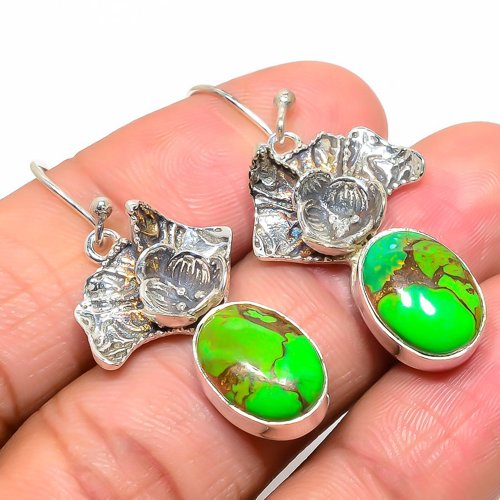Copper Mohave Green Turquoise Designer Textured 925 Silver Earring, Gift for her, Silver Jewelry Earring, Elegant Earring, Green Gemstone Earring, Drop/Dangle Earring