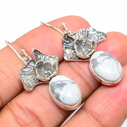 American Howlite Designer Textured 925 Silver Jewelry Earring, Gift for her, Silver Jewelry Earring, Elegant Earring, White Gemstone Earring, Drop/Dangle Earring