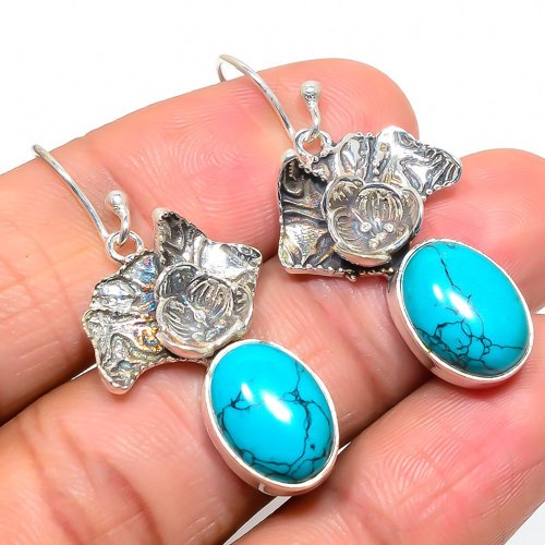 Santa Rosa Turquoise Designer Textured 925 Silver Earring, Gift for her, Silver Jewelry Earring, Elegant Earring, Black Gemstone Earring, Drop/Dangle Earring