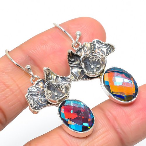 Black Rainbow Mystic Topaz Textured 925 Silver Earring, Gift for her, Silver Jewelry Earring, Elegant Earring, Black Gemstone Earring, Drop/Dangle Earring