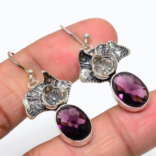 Amethyst Designer Textured 925 Silver Jewelry Earring 1.8" M1450