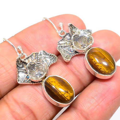 Yellow Tiger'S Eye Designer Textured 925 Silver Jewelry Earring, Gift for her, Silver Jewelry Earring, Elegant Earring, Yellow Gemstone Earring, Drop/Dangle Earring