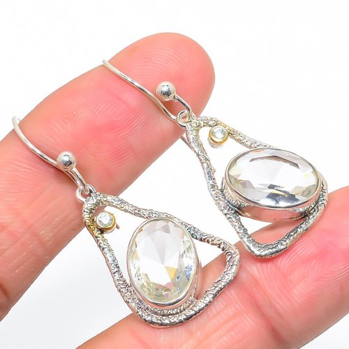 White Topaz & Topaz Designer Textured 925 Silver Earring, Gift for her, Silver Jewelry Earring, Elegant Earring, White Gemstone Earring, Drop/Dangle Earring