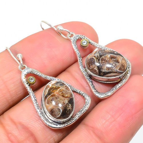 Turritella Fossil & White Topaz Designer Textured 925 Silver Earring, Gift for her, Silver Jewelry Earring, Elegant Earring, Brown Gemstone Earring, Drop/Dangle Earring