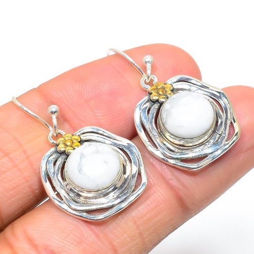 American Howlite Two Tone 925 Sterling Silver Earring, Gift for her, Silver Jewelry Earring, Elegant Earring, White Gemstone Earring, Drop/Dangle Earring