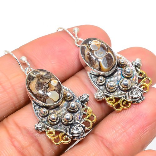 Turritella Fossil 925 Sterling Silver Two Tone Designer Earring, Gift for her, Silver Jewelry Earring, Elegant Earring, Brown Gemstone Earring, Drop/Dangle Earring