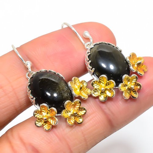 Golden Sheen Obsidian Gold Plated Two Tone 925 Silver Earring, Gift for her, Silver Jewelry Earring, Elegant Earring, Golden Gemstone Earring, Drop/Dangle Earring