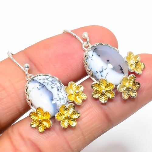 Brazilian Dendritic Opal Gold Plated Two Tone 925 Silver Earring, Gift for her, Silver Jewelry Earring, Elegant Earring, White Gemstone Earring, Drop/Dangle Earring