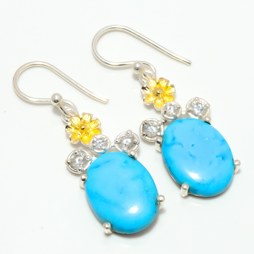 Magnesite Turquoise & Topaz 925 Silver Handmade Earring 1.48" T58