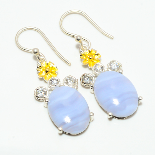 Blue Lace AgateTopaz Gemstone 925 Silver Handmade Earring 1.48" T12