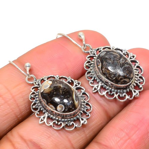 Turritella Fossil 925 Sterling Silver Bali Earring, Gift for her, Silver Jewelry Earring, Elegant Earring, Brown Gemstone Earring, Drop/Dangle Earring