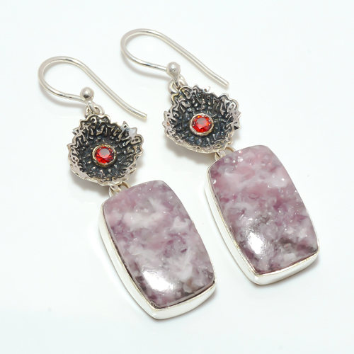 Designer Lepidolite - San Diego & Garnet 925 Sterling Silver Earring, Gift for her, Silver Jewelry Earring, Elegant Earring, Pink Gemstone Earring, Drop/Dangle Earring