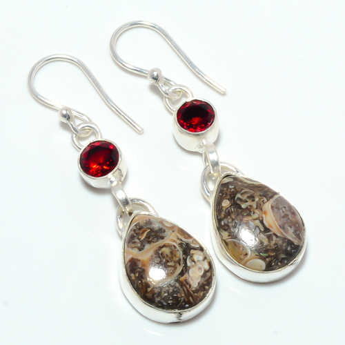 Tear Drop Turritella Fossil Agate & Garnet 925 Sterling Silver Earring, Gift for her, Silver Jewelry Earring, Elegant Earring, Brown Gemstone Earring, Drop/Dangle Earring