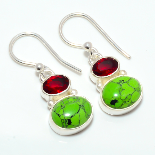 Green Turquoise & Garnet 925 Sterling Silver Earring, Gift for her, Silver Jewelry Earring, Elegant Earring, Green Gemstone Earring, Drop/Dangle Earring