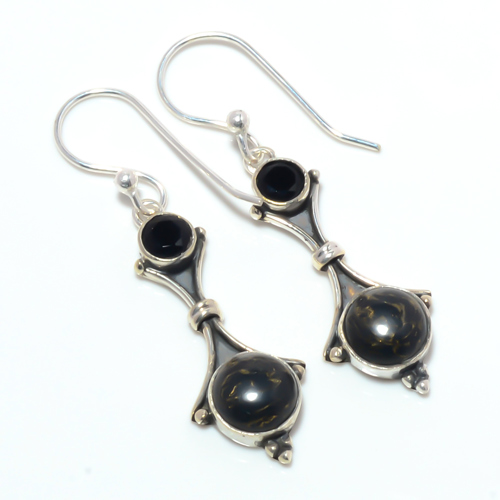 Copper Black Turquoise & Black Onyx 925 Silver Earring, Gift for her, Silver Jewelry Earring, Elegant Earring, Black Gemstone Earring, Drop/Dangle Earring