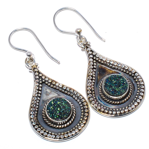 Titanium Agate Drusy 925 Sterling Silver Israeli Earring, Gift for her, Silver Jewelry Earring, Elegant Earring, Blue Gemstone Earring, Drop/Dangle Earring