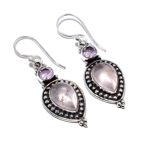 Rose Quartz - Madagascar 925 Sterling Silver Bali Earring, Gift for her, Silver Jewelry Earring, Elegant Earring, Pink Gemstone Earring, Drop/Dangle Earring