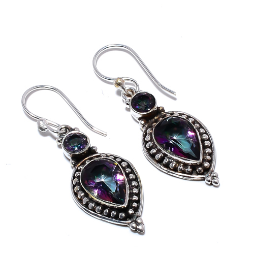 Rainbow Mystic Topaz 925 Sterling Silver Bali Earring, Gift for her, Silver Jewelry Earring, Elegant Earring, Black Gemstone Earring, Drop/Dangle Earring