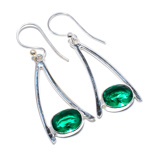 Emerald Quartz Handmade (Simulated) 925 Sterling Silver Earring 1.56" M1574