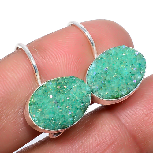 Aqua Titanium Quartz Drusy 925 Sterling Silver Earring 0.90" F2666